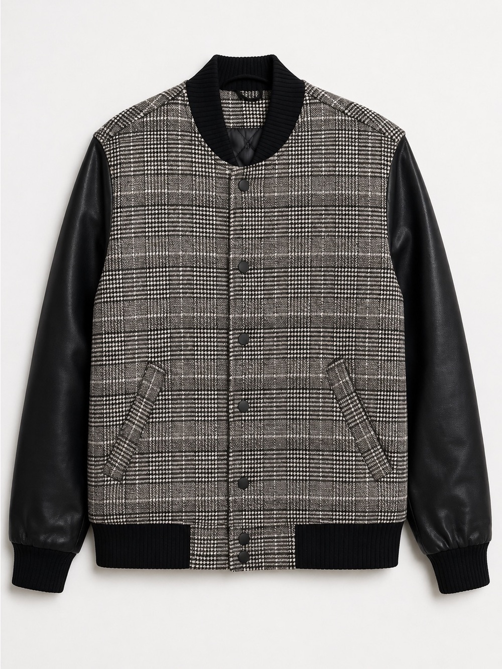 Plaid Wool Leather Varsity Bomber Jacket VIP Collection Glen Check